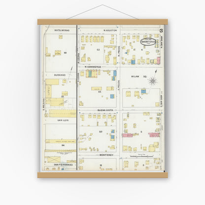 Old map wall art mockup — magnetic wood frame on white wall — Sanborn Fire Insurance Map from San Antonio, Bexar County, Texas (1892), Sheet #0003