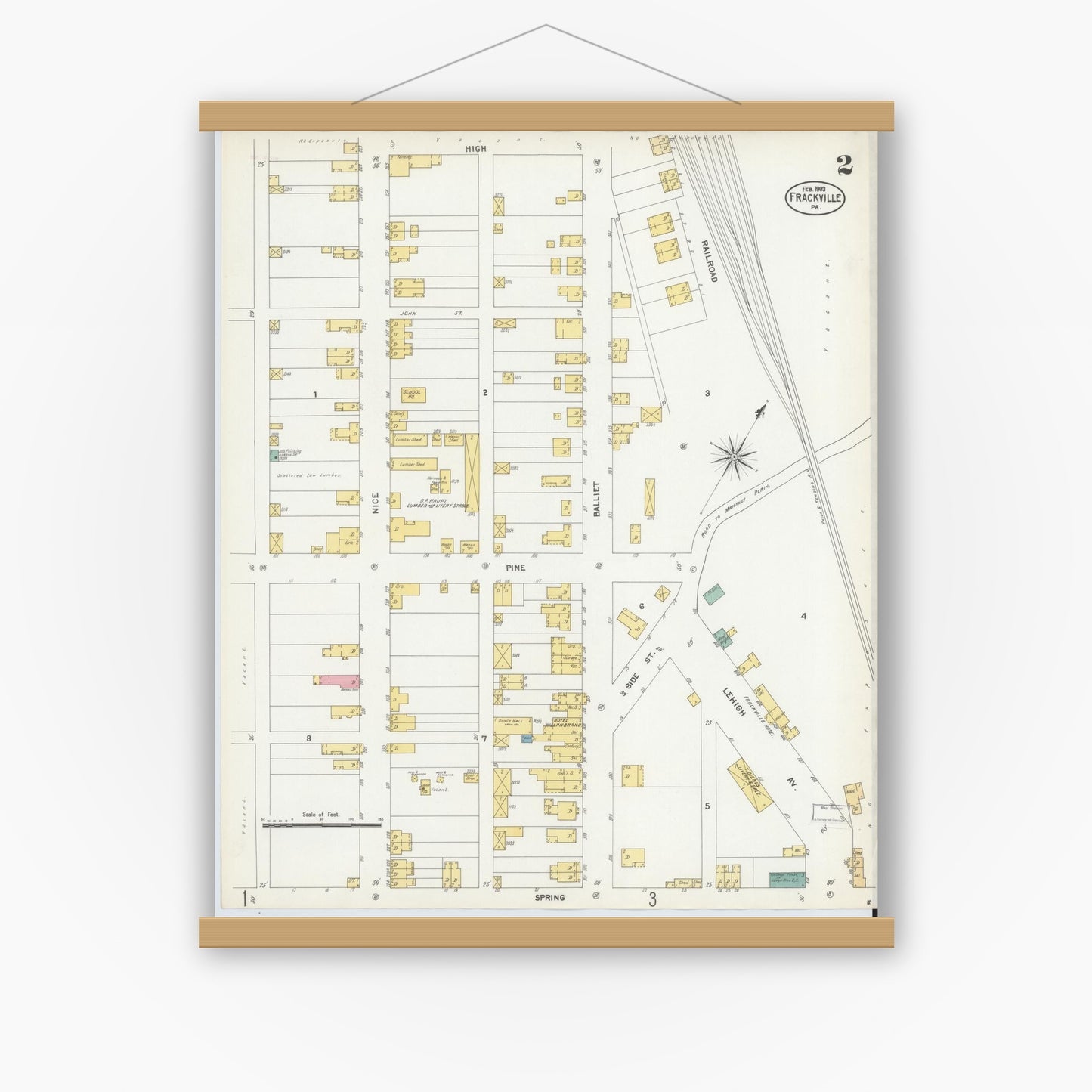 Old map wall art mockup — magnetic wood frame on white wall — Sanborn Fire Insurance Map from Frackville, Schuylkill County, Pennsylvania (1903), Sheet #0002