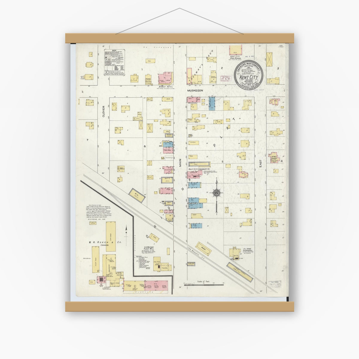 Old map wall art mockup — magnetic wood frame on white wall — Sanborn Fire Insurance Map from Kent City, Kent County, Michigan (1910), Sheet #0001