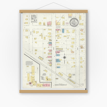 Old map wall art mockup — magnetic wood frame on white wall — Sanborn Fire Insurance Map from Kent City, Kent County, Michigan (1910), Sheet #0001