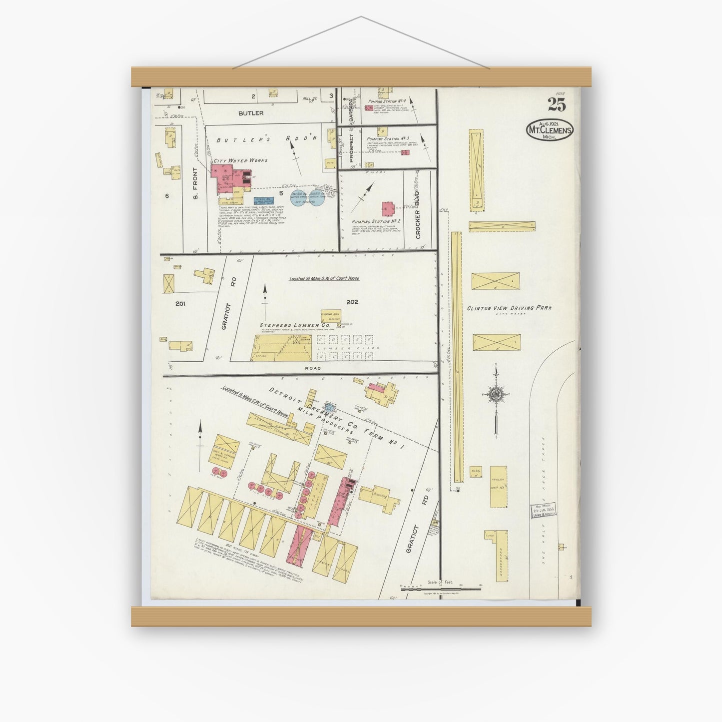 Old map wall art mockup — magnetic wood frame on white wall — Sanborn Fire Insurance Map from Mount Clemens, Macomb County, Michigan (1921), Sheet #0025