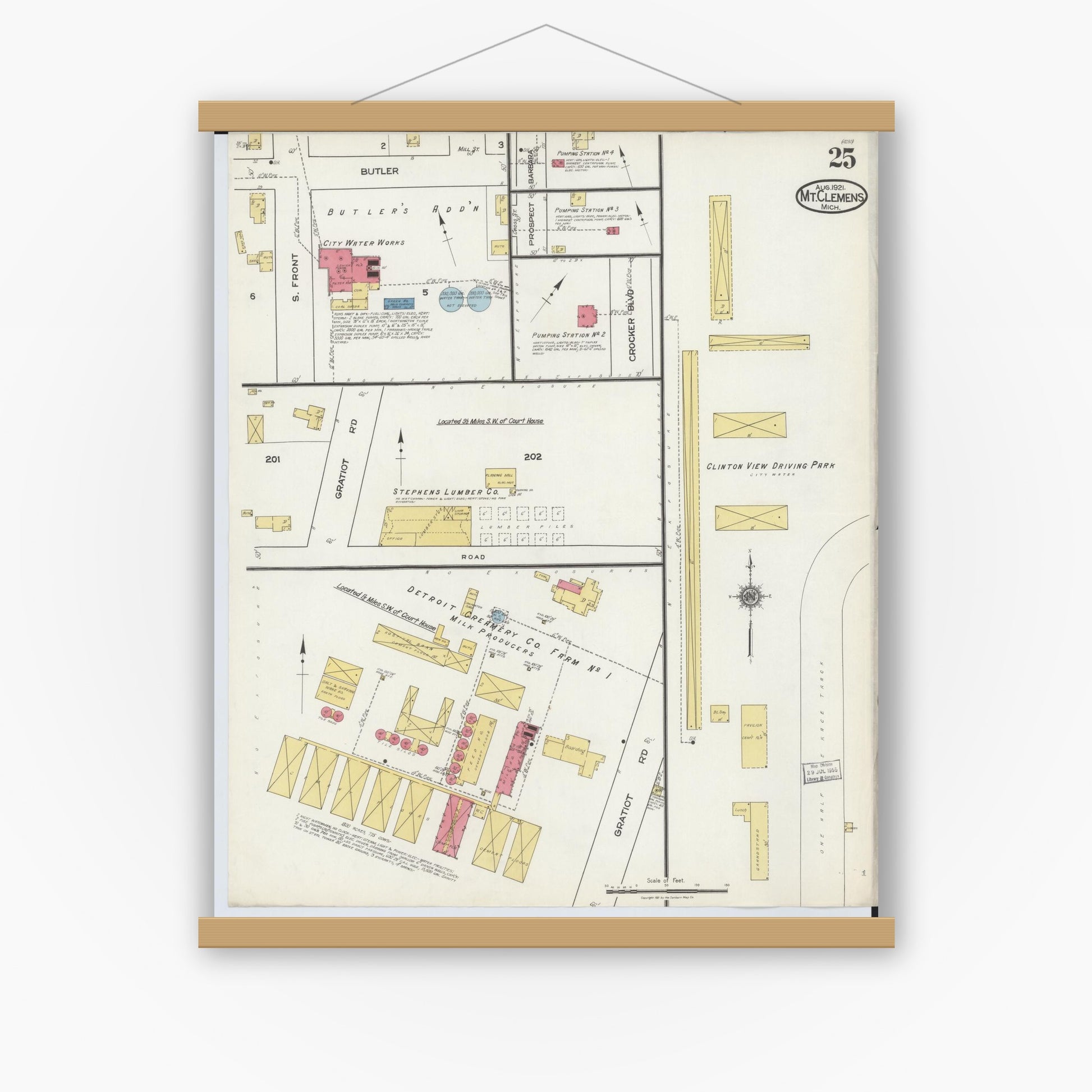 Old map wall art mockup — magnetic wood frame on white wall — Sanborn Fire Insurance Map from Mount Clemens, Macomb County, Michigan (1921), Sheet #0025
