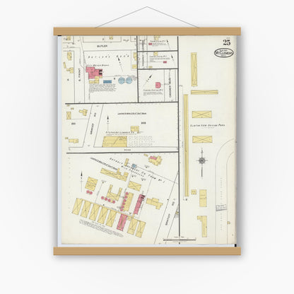 Old map wall art mockup — magnetic wood frame on white wall — Sanborn Fire Insurance Map from Mount Clemens, Macomb County, Michigan (1921), Sheet #0025