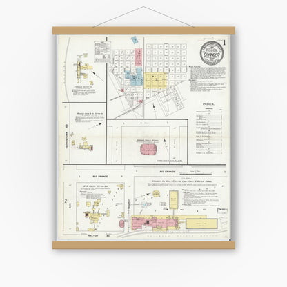 Old map wall art mockup — magnetic wood frame on white wall — Sanborn Fire Insurance Map from Granger, Williamson County, Texas (1910) - Complete Map Set