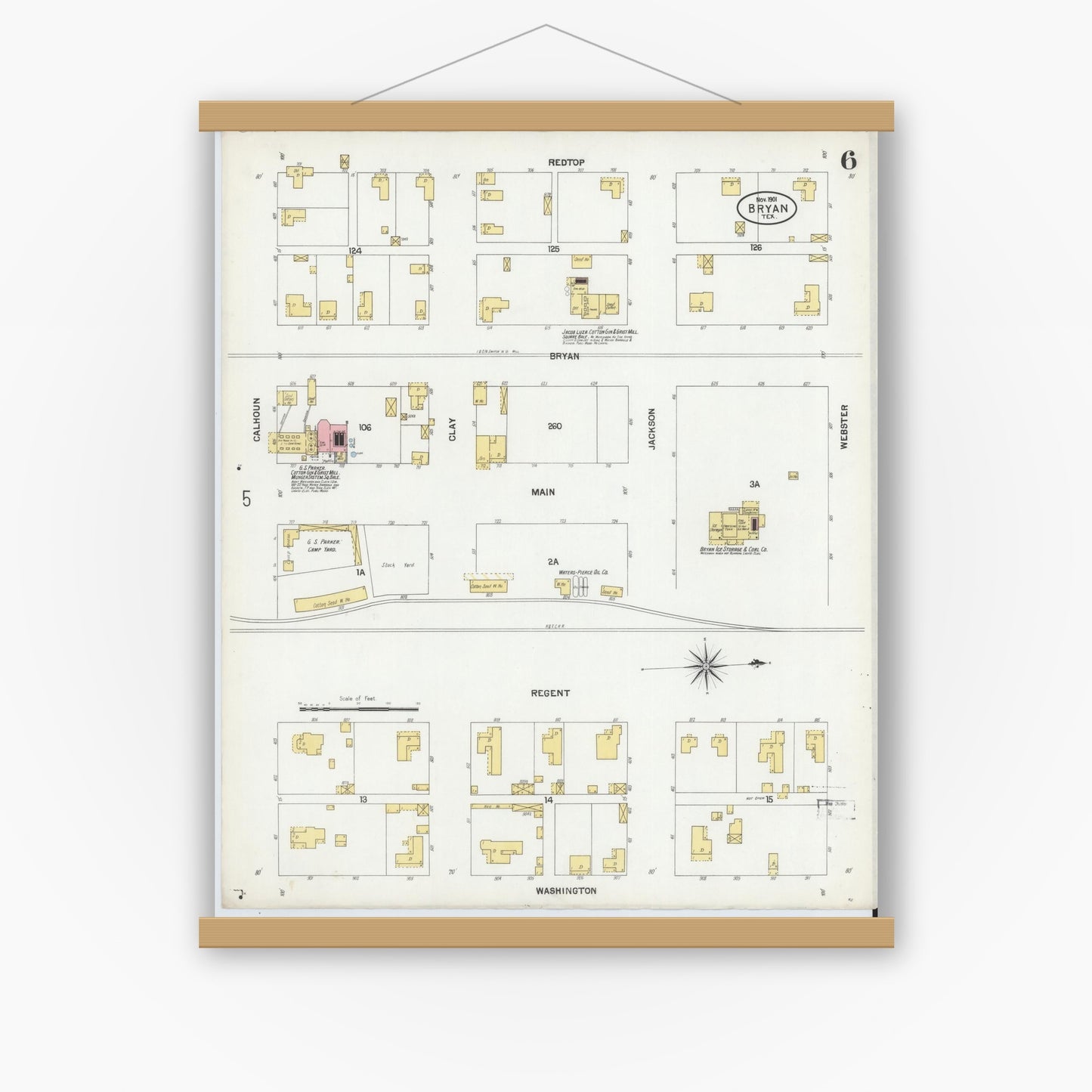 Old map wall art mockup — magnetic wood frame on white wall — Sanborn Fire Insurance Map from Bryan, Brazos County, Texas (1901), Sheet #0006