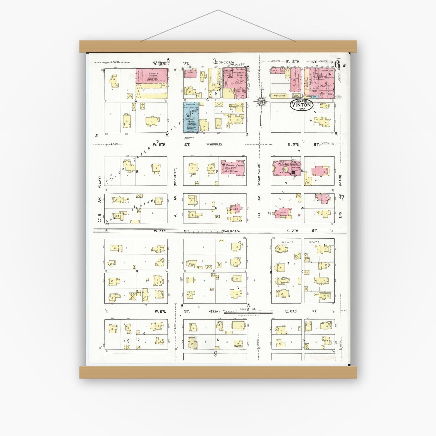 Old map wall art mockup — magnetic wood frame on white wall — Sanborn Fire Insurance Map from Vinton, Benton County, Iowa (1921), Sheet #0006