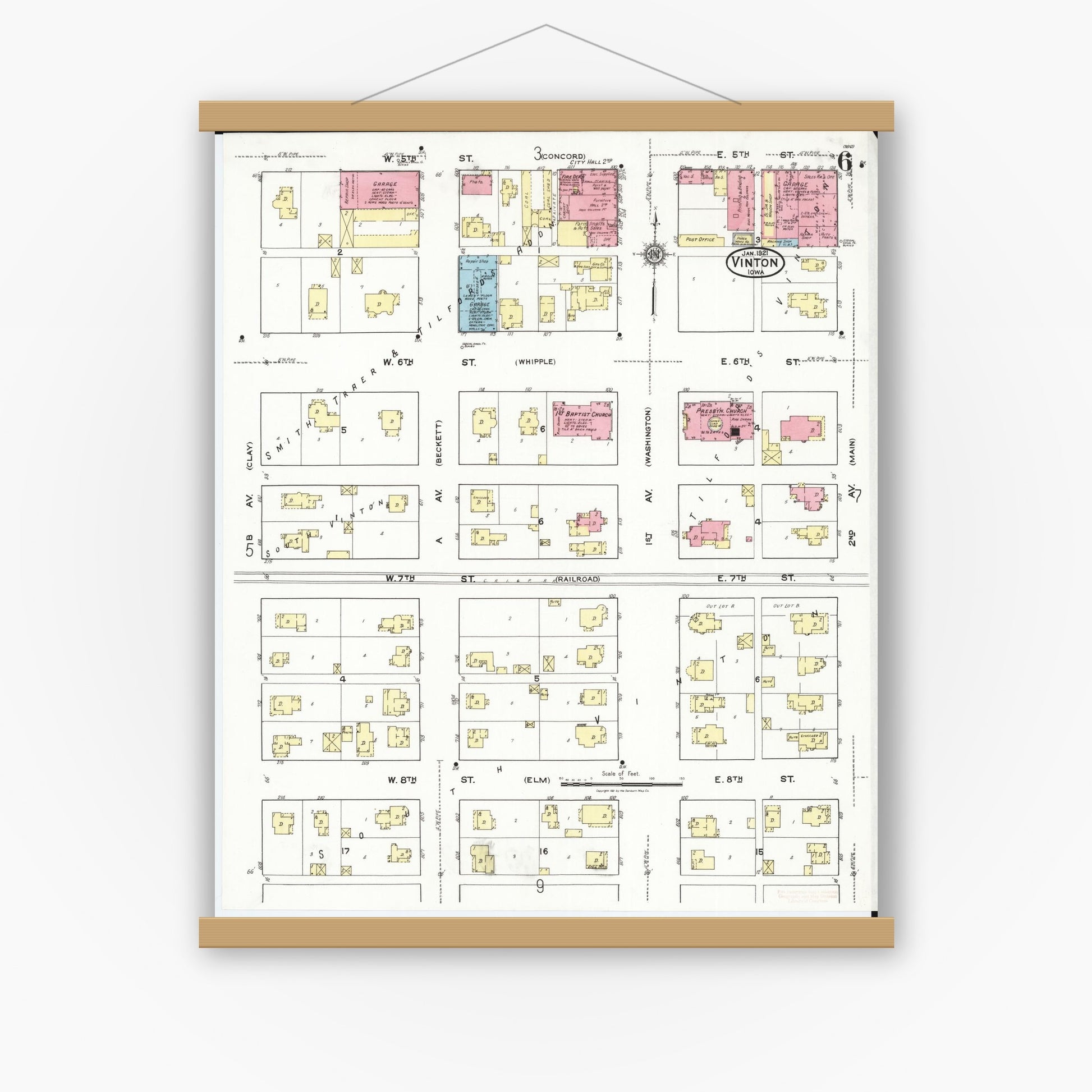 Old map wall art mockup — magnetic wood frame on white wall — Sanborn Fire Insurance Map from Vinton, Benton County, Iowa (1921), Sheet #0006