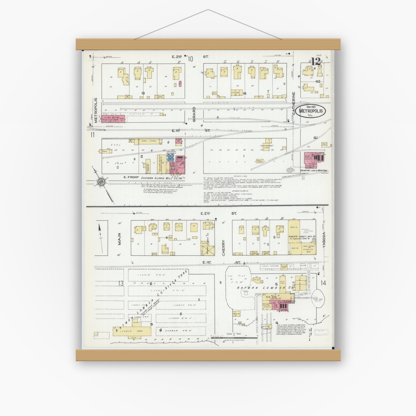 Old map wall art mockup — magnetic wood frame on white wall — Sanborn Fire Insurance Map from Metropolis, Massac County, Illinois (1921), Sheet #0012