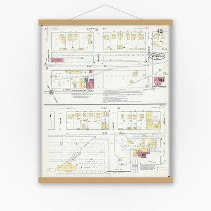 Old map wall art mockup — magnetic wood frame on white wall — Sanborn Fire Insurance Map from Metropolis, Massac County, Illinois (1921), Sheet #0012