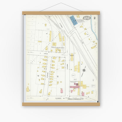 Old map wall art mockup — magnetic wood frame on white wall — Sanborn Fire Insurance Map from Ypsilanti, Washtenaw County, Michigan (1916), Sheet #0002