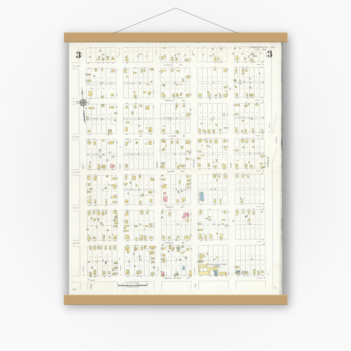 Old map wall art mockup — magnetic wood frame on white wall — Sanborn Fire Insurance Map from Hebbronville, Jim Hogg County, Texas (1934), Sheet #0003