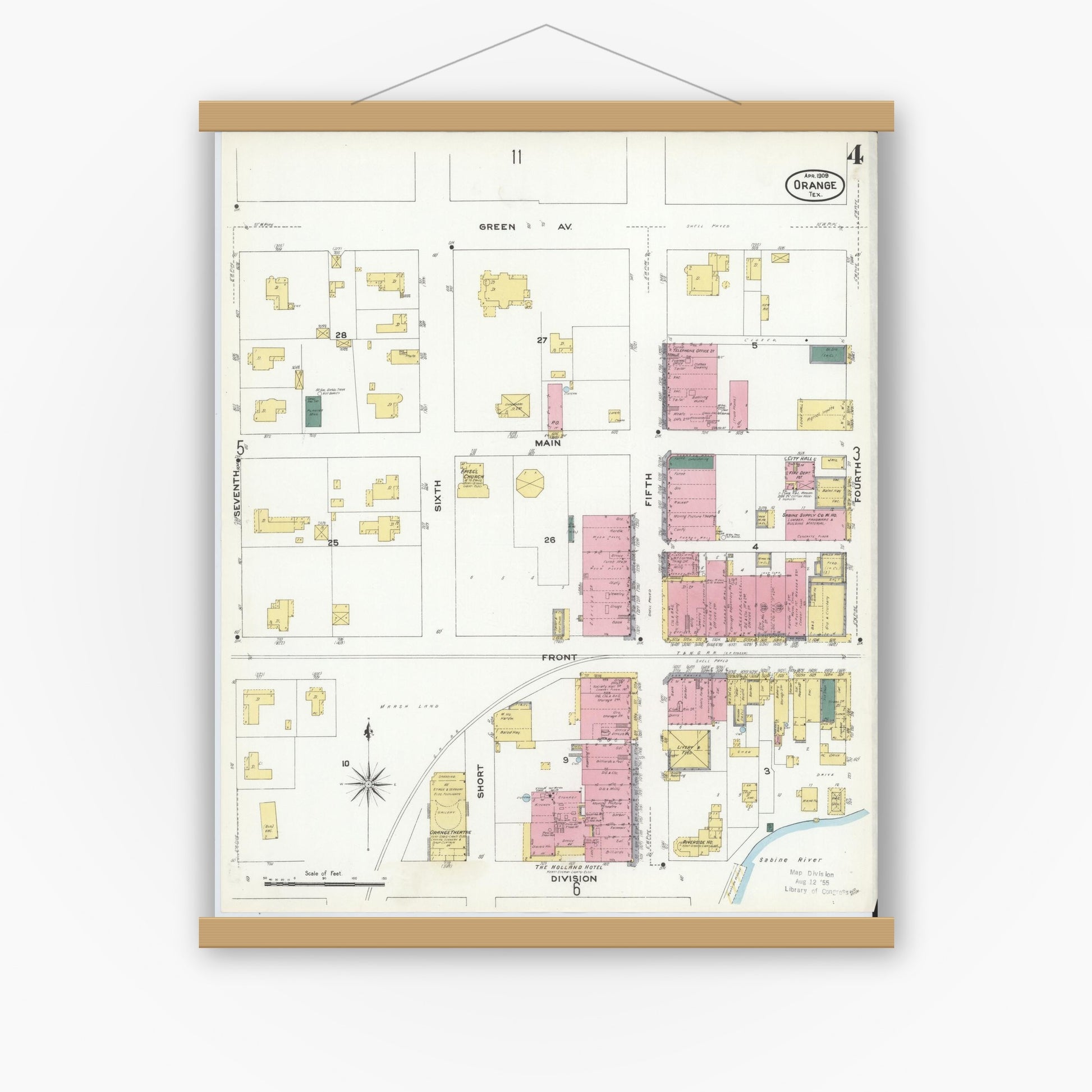 Old map wall art mockup — magnetic wood frame on white wall — Sanborn Fire Insurance Map from Orange, Orange County, Texas (1909), Sheet #0004