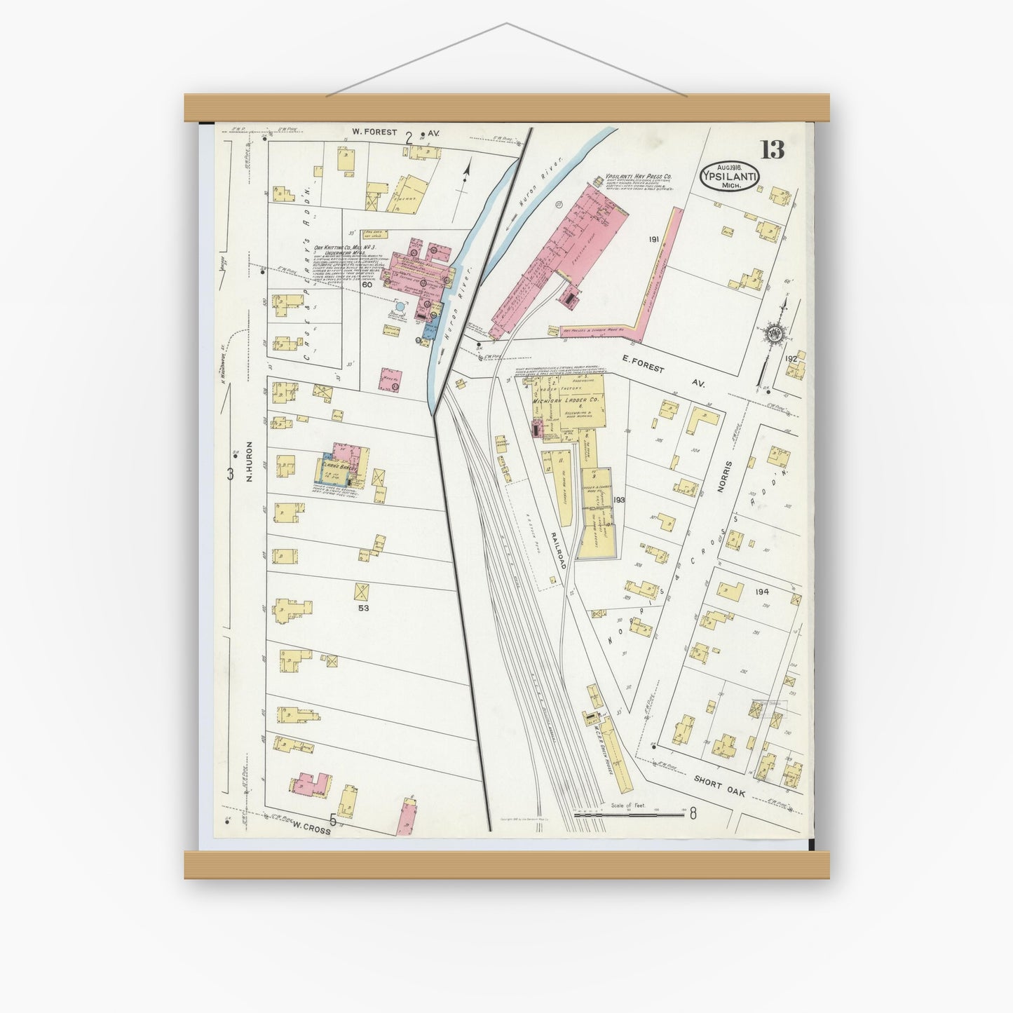 Old map wall art mockup — magnetic wood frame on white wall — Sanborn Fire Insurance Map from Ypsilanti, Washtenaw County, Michigan (1916), Sheet #0013