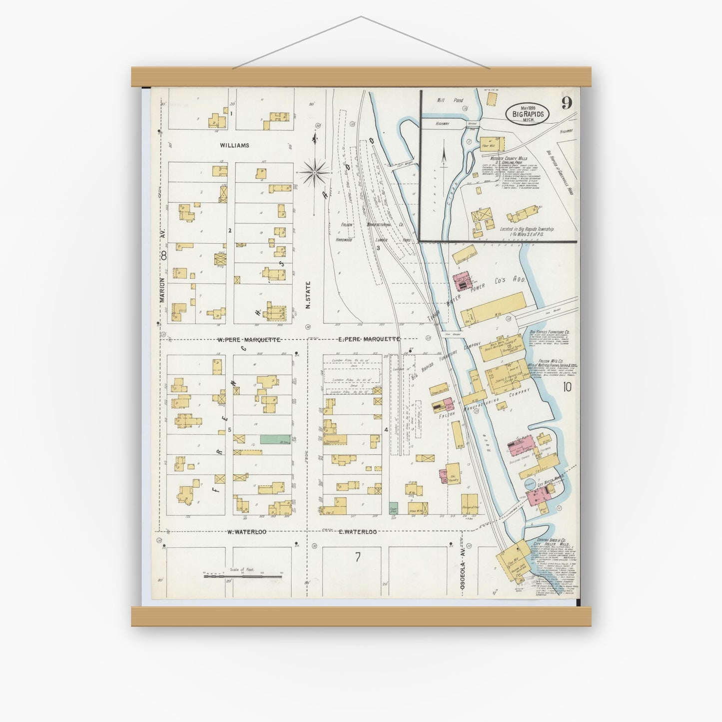 Old map wall art mockup — magnetic wood frame on white wall — Sanborn Fire Insurance Map from Big Rapids, Mecosta County, Michigan (1899), Sheet #0009