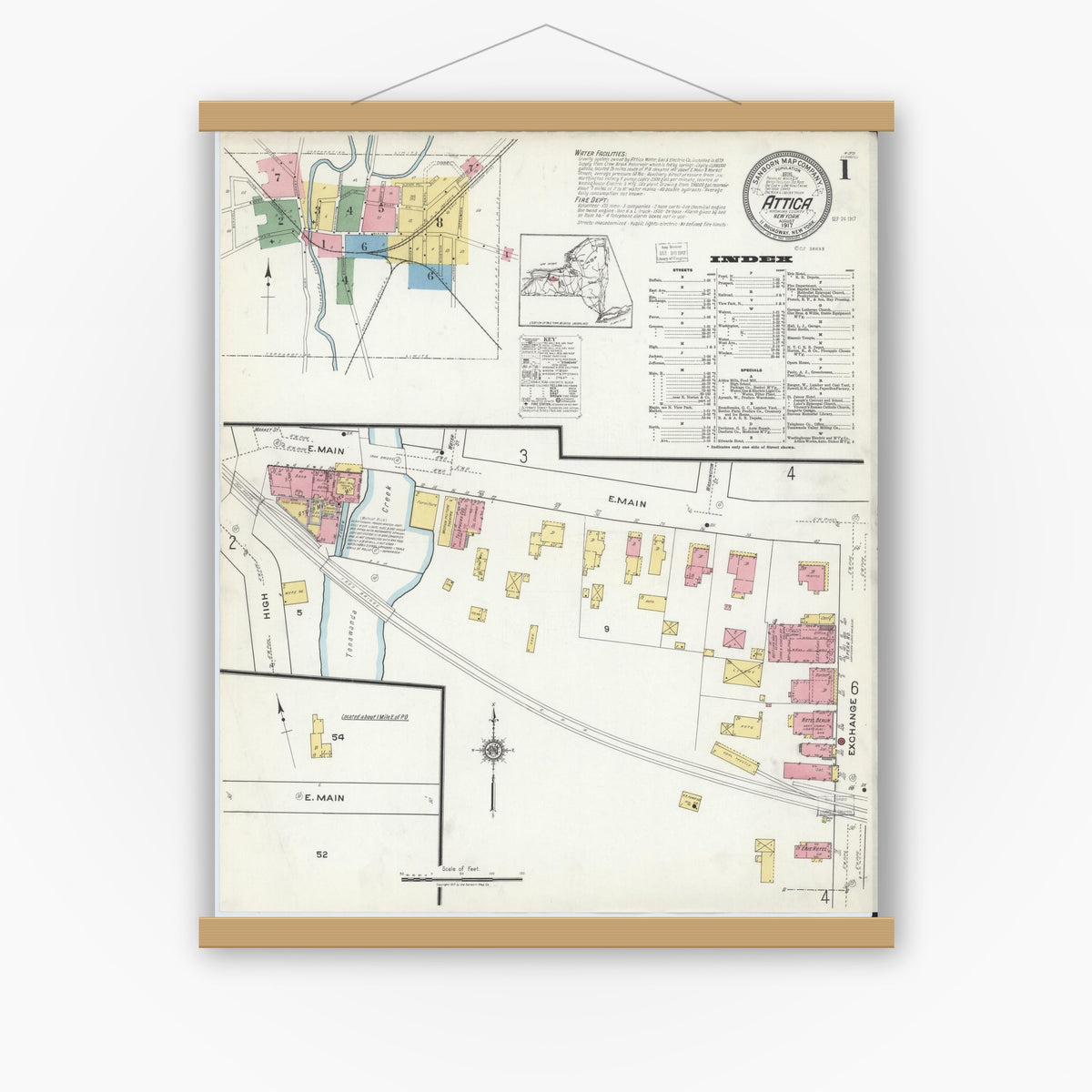 Old map wall art mockup — magnetic wood frame on white wall — Sanborn Fire Insurance Map from Attica, Wyoming County, New York (1917), Sheet #0001