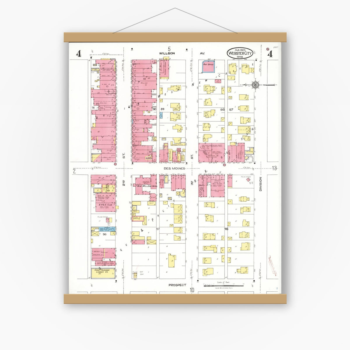 Old map wall art mockup — magnetic wood frame on white wall — Sanborn Fire Insurance Map from Webster City, Hamilton County, Iowa (1923), Sheet #0004