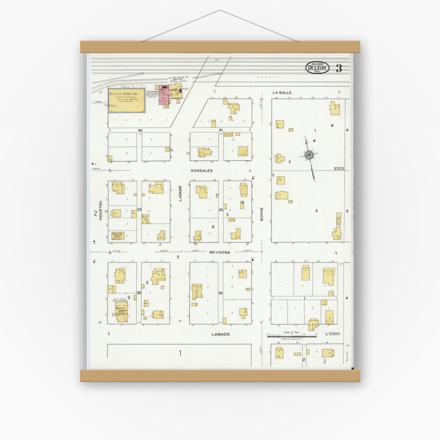 Old map wall art mockup — magnetic wood frame on white wall — Sanborn Fire Insurance Map from De Leon, Comanche County, Texas (1920), Sheet #0003