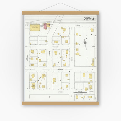 Old map wall art mockup — magnetic wood frame on white wall — Sanborn Fire Insurance Map from De Leon, Comanche County, Texas (1920), Sheet #0003