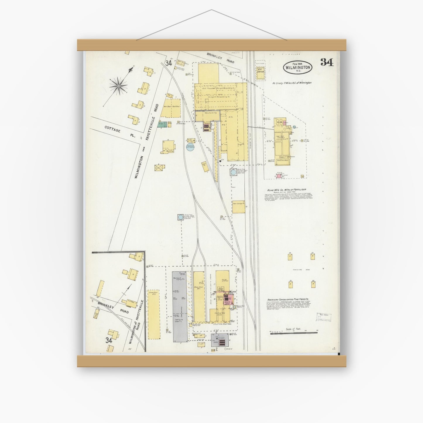 Old map wall art mockup — magnetic wood frame on white wall — Sanborn Fire Insurance Map from Wilmington, New Hanover County, North Carolina (1904), Sheet #0034