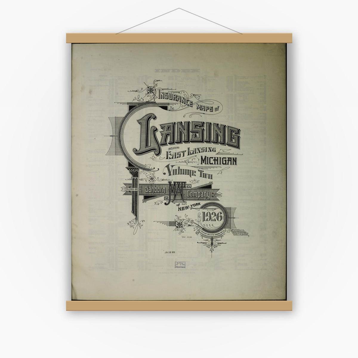 Old map wall art mockup — magnetic wood frame on white wall — Sanborn Fire Insurance Map from Lansing, Ingham County, Michigan (1926), Sheet #0001