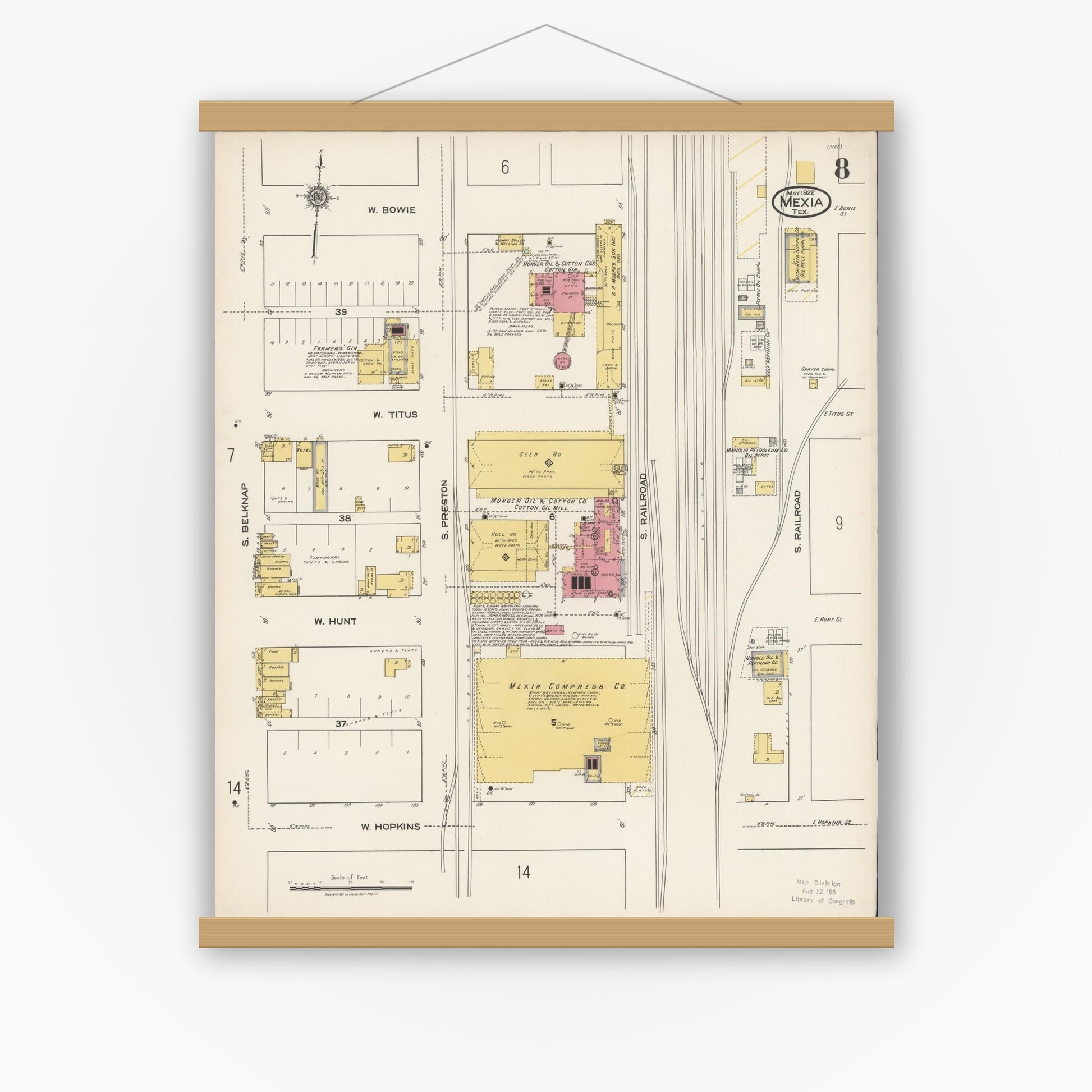 Old map wall art mockup — magnetic wood frame on white wall — Sanborn Fire Insurance Map from Mexia, Limestone County, Texas (1922), Sheet #0008