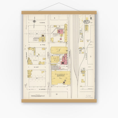 Old map wall art mockup — magnetic wood frame on white wall — Sanborn Fire Insurance Map from Mexia, Limestone County, Texas (1922), Sheet #0008