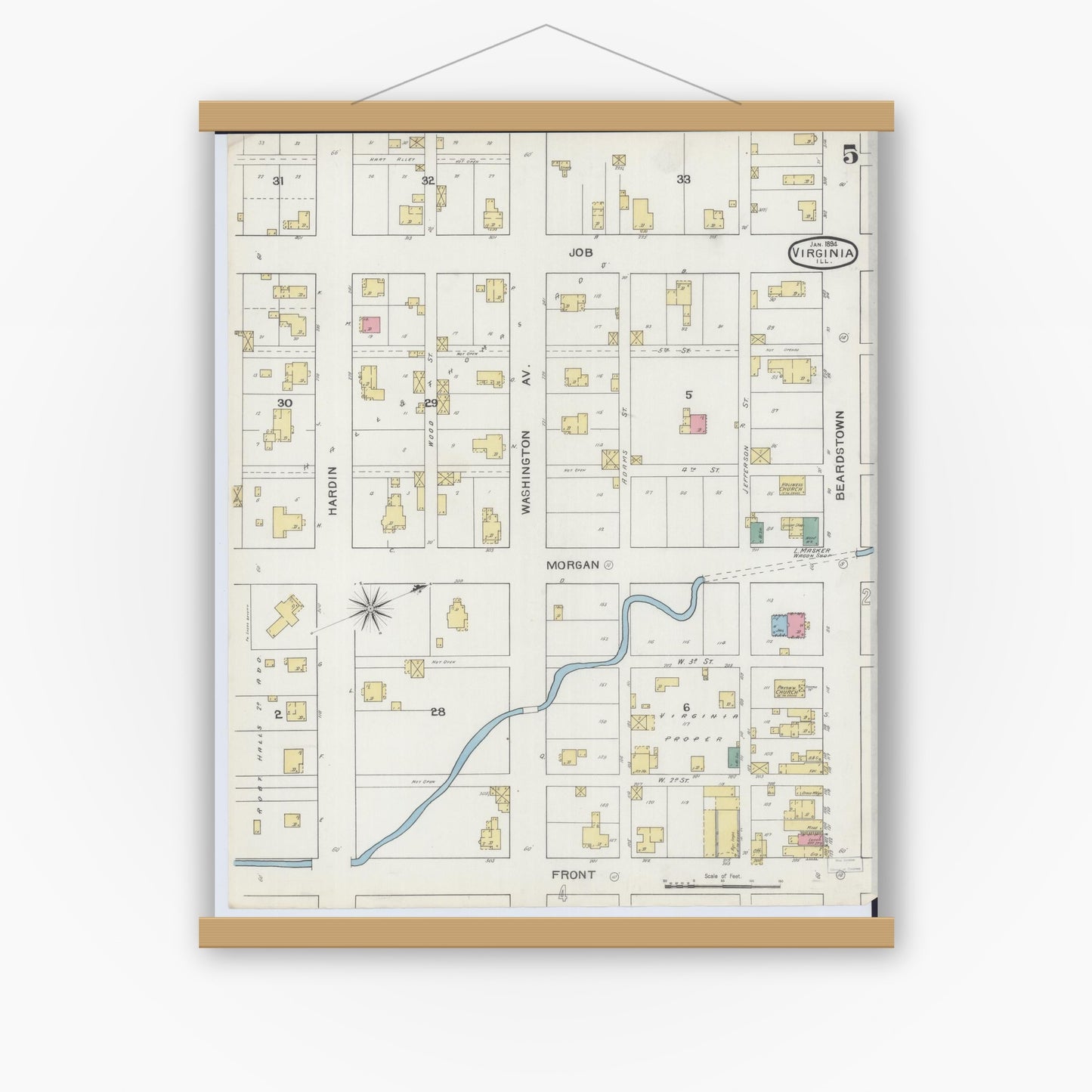 Old map wall art mockup — magnetic wood frame on white wall — Sanborn Fire Insurance Map from Virginia, Cass County, Illinois (1894), Sheet #0005