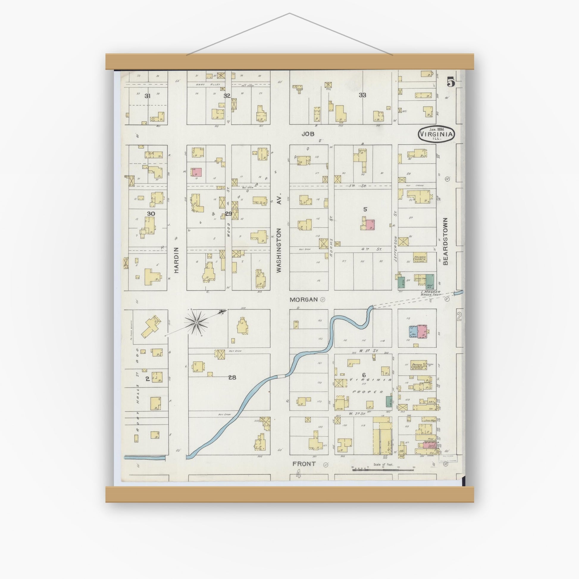 Old map wall art mockup — magnetic wood frame on white wall — Sanborn Fire Insurance Map from Virginia, Cass County, Illinois (1894), Sheet #0005