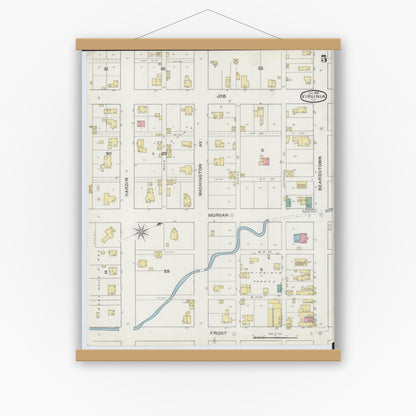 Old map wall art mockup — magnetic wood frame on white wall — Sanborn Fire Insurance Map from Virginia, Cass County, Illinois (1894), Sheet #0005