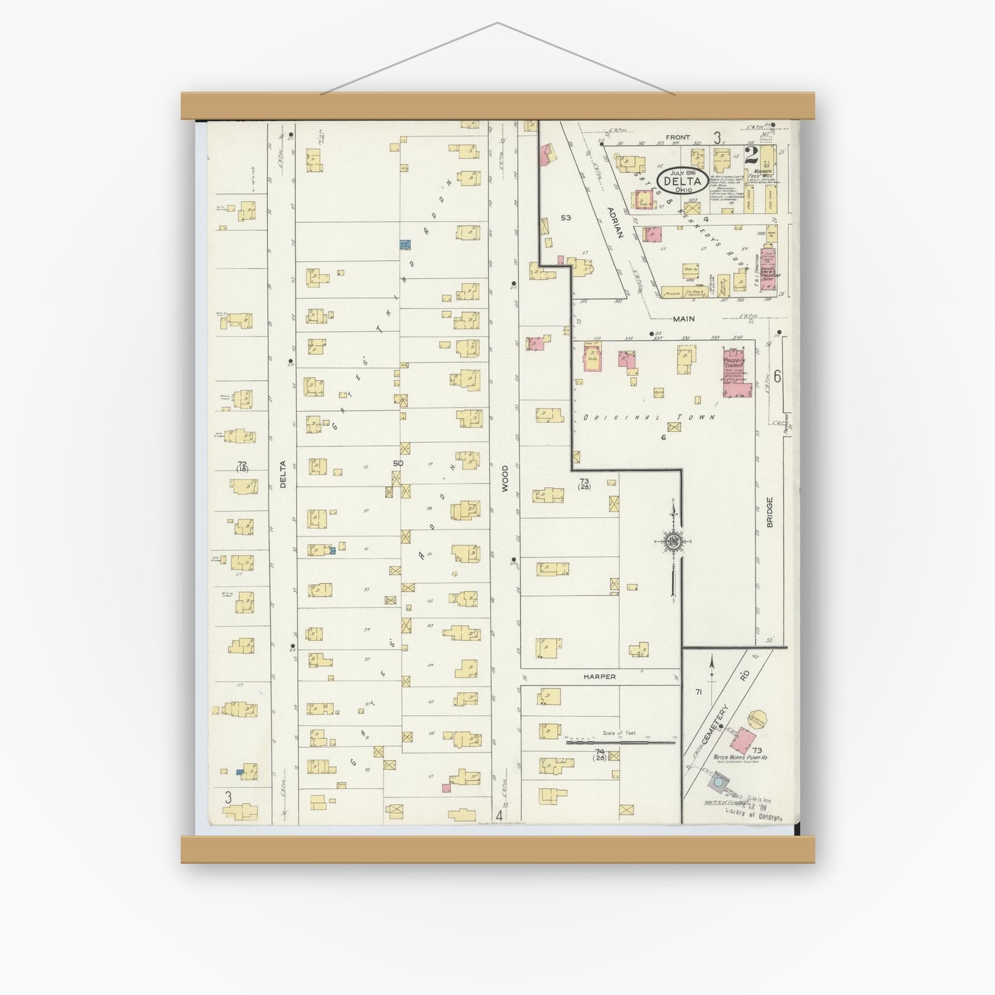 Old map wall art mockup — magnetic wood frame on white wall — Sanborn Fire Insurance Map from Delta, Fulton County, Ohio (1916), Sheet #0002