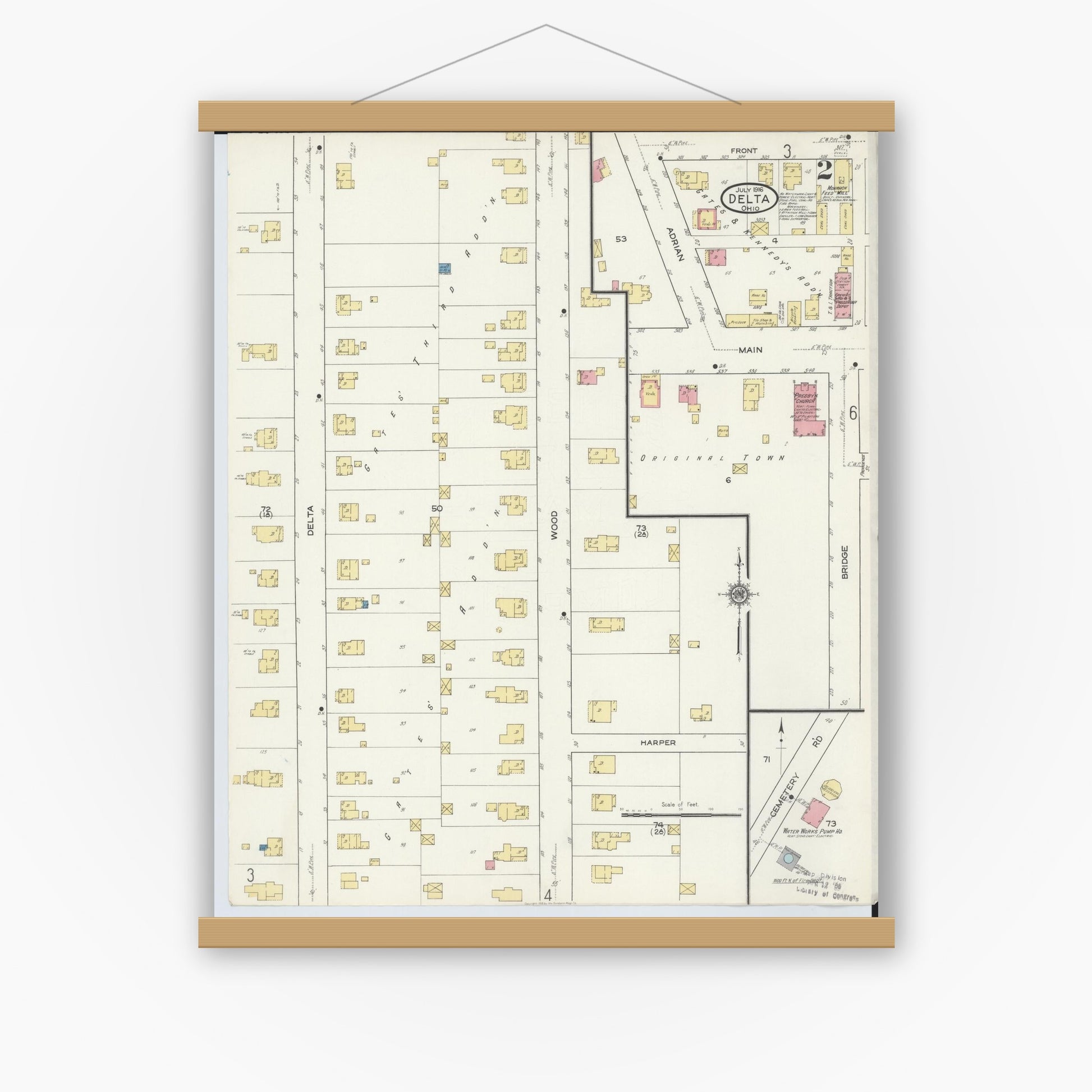 Old map wall art mockup — magnetic wood frame on white wall — Sanborn Fire Insurance Map from Delta, Fulton County, Ohio (1916), Sheet #0002
