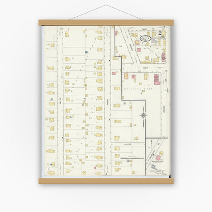 Old map wall art mockup — magnetic wood frame on white wall — Sanborn Fire Insurance Map from Delta, Fulton County, Ohio (1916), Sheet #0002