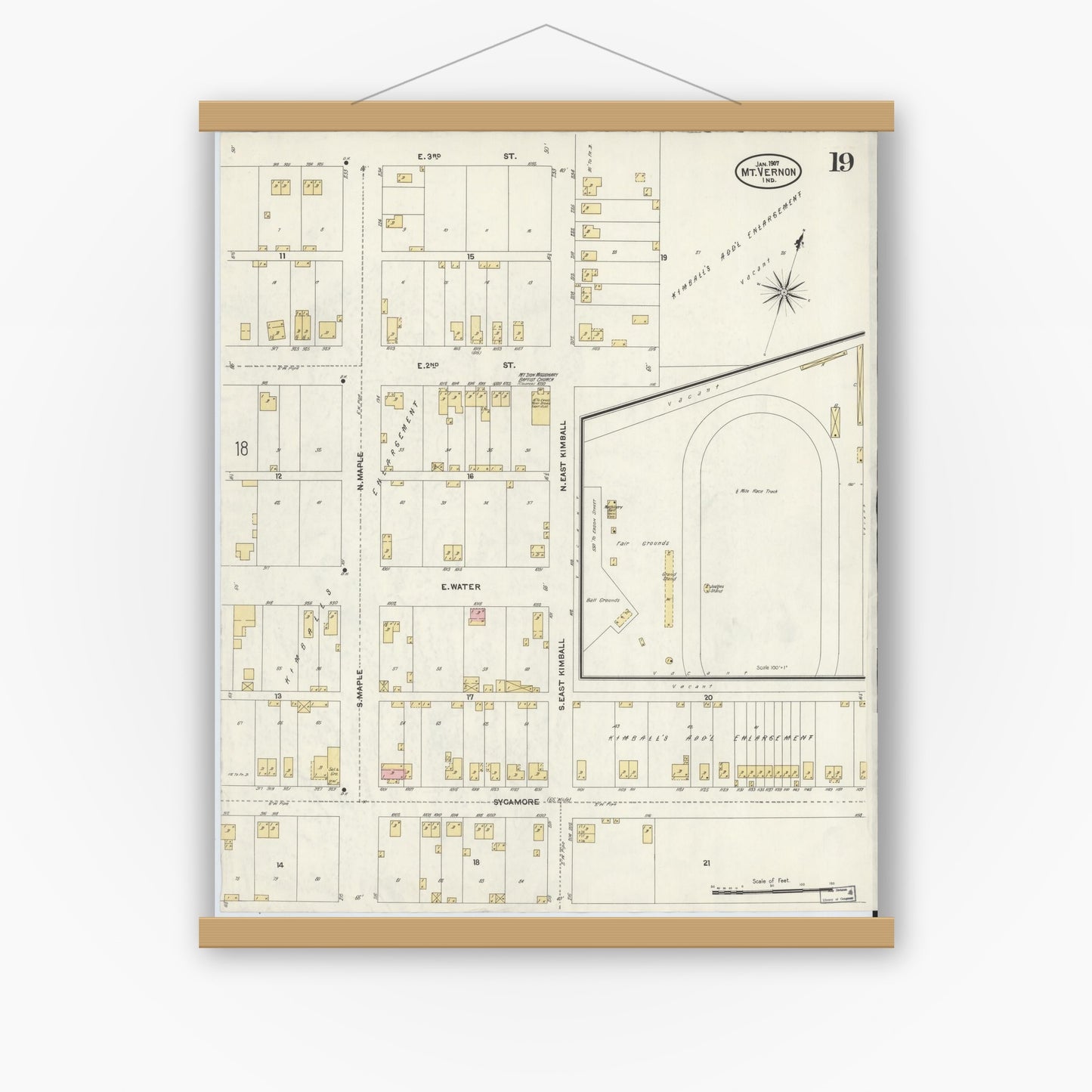 Old map wall art mockup — magnetic wood frame on white wall — Sanborn Fire Insurance Map from Mount Vernon, Posey County, Indiana (1907), Sheet #0019