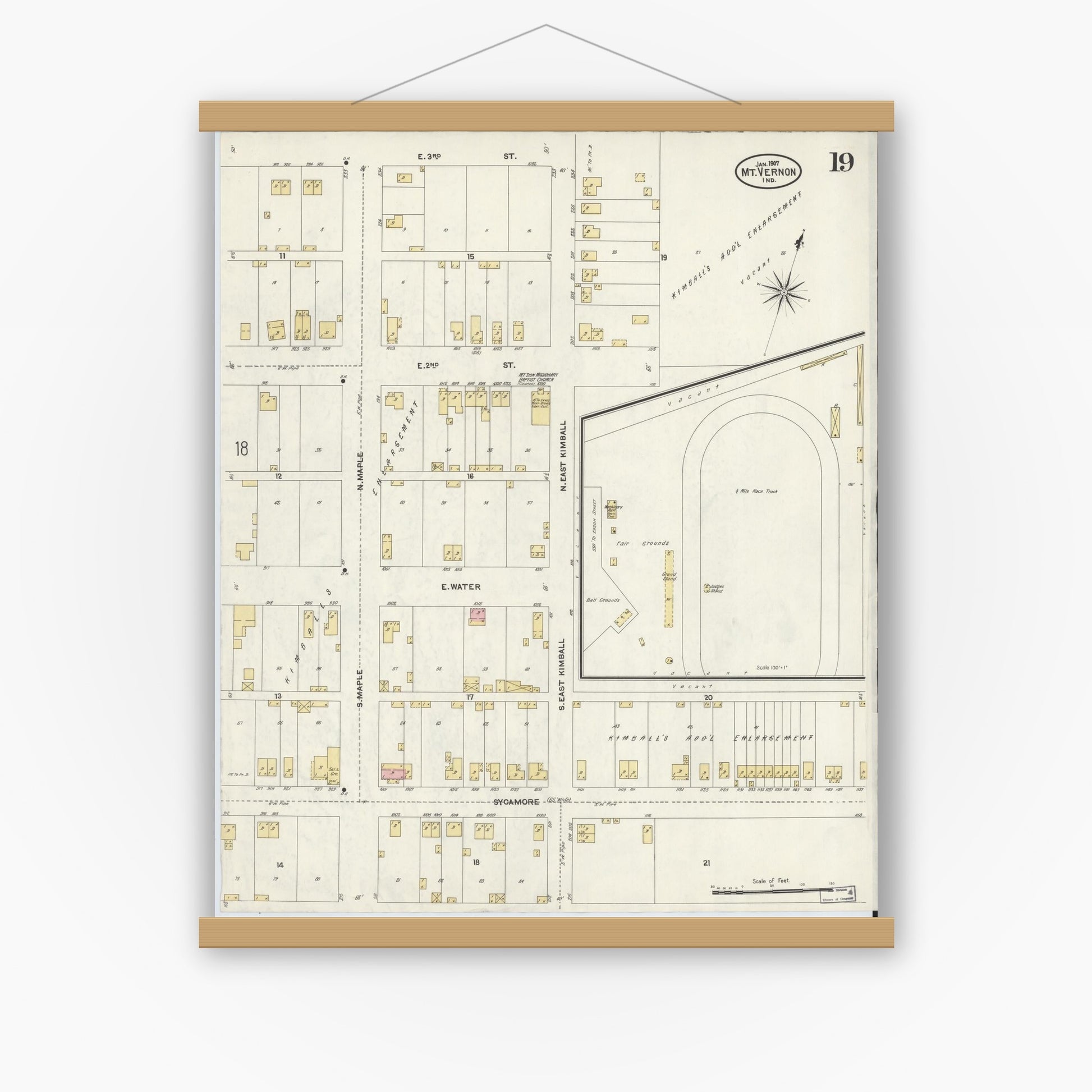 Old map wall art mockup — magnetic wood frame on white wall — Sanborn Fire Insurance Map from Mount Vernon, Posey County, Indiana (1907), Sheet #0019