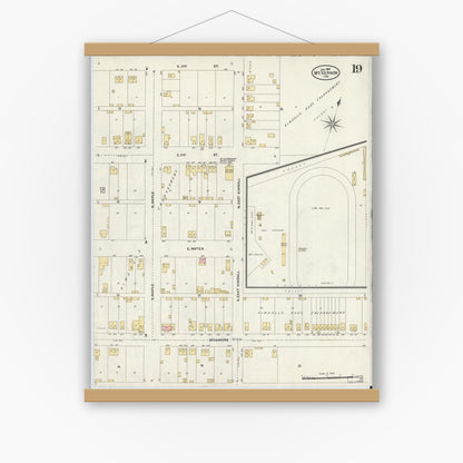 Old map wall art mockup — magnetic wood frame on white wall — Sanborn Fire Insurance Map from Mount Vernon, Posey County, Indiana (1907), Sheet #0019