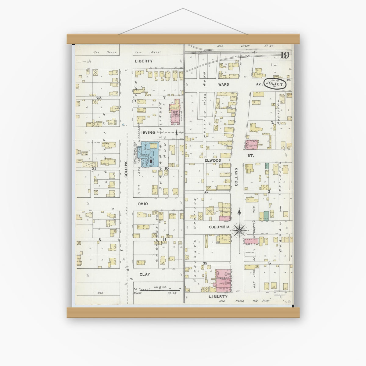 Old map wall art mockup — magnetic wood frame on white wall — Sanborn Fire Insurance Map from Joliet, Will County, Illinois (1891), Sheet #0019