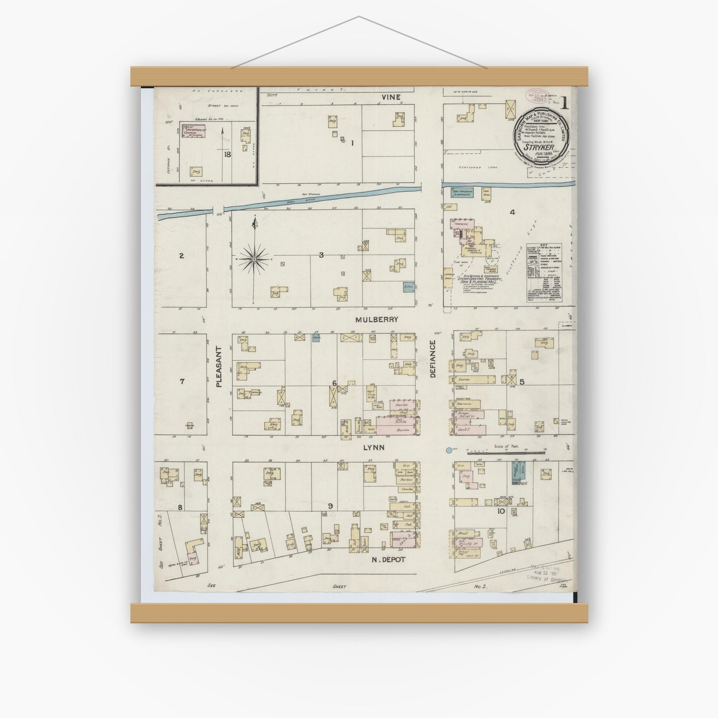 Old map wall art mockup — magnetic wood frame on white wall — Sanborn Fire Insurance Map from Stryker, Williams County, Ohio (1888), Sheet #0001