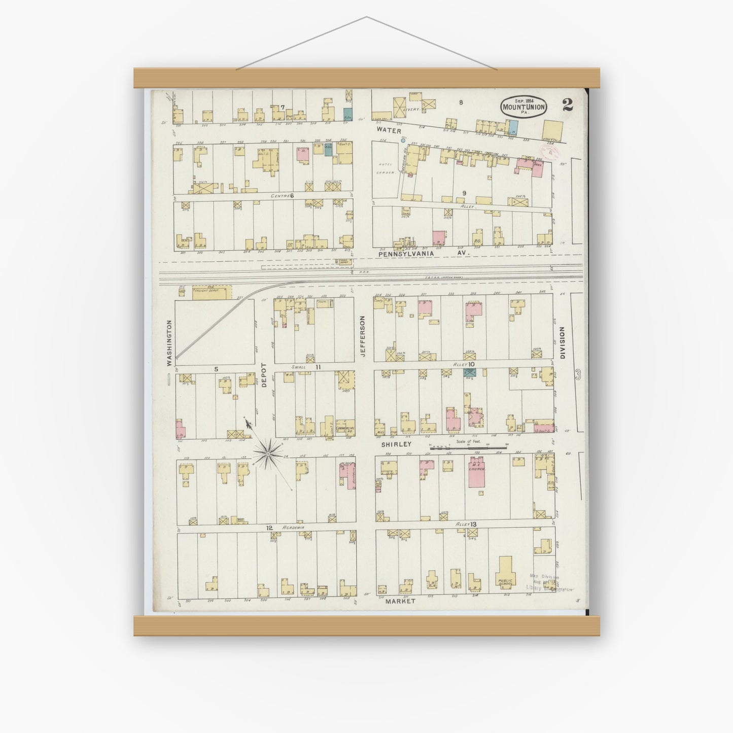 Old map wall art mockup — magnetic wood frame on white wall — Sanborn Fire Insurance Map from Mount Union, Huntingdon County, Pennsylvania (1894), Sheet #0002
