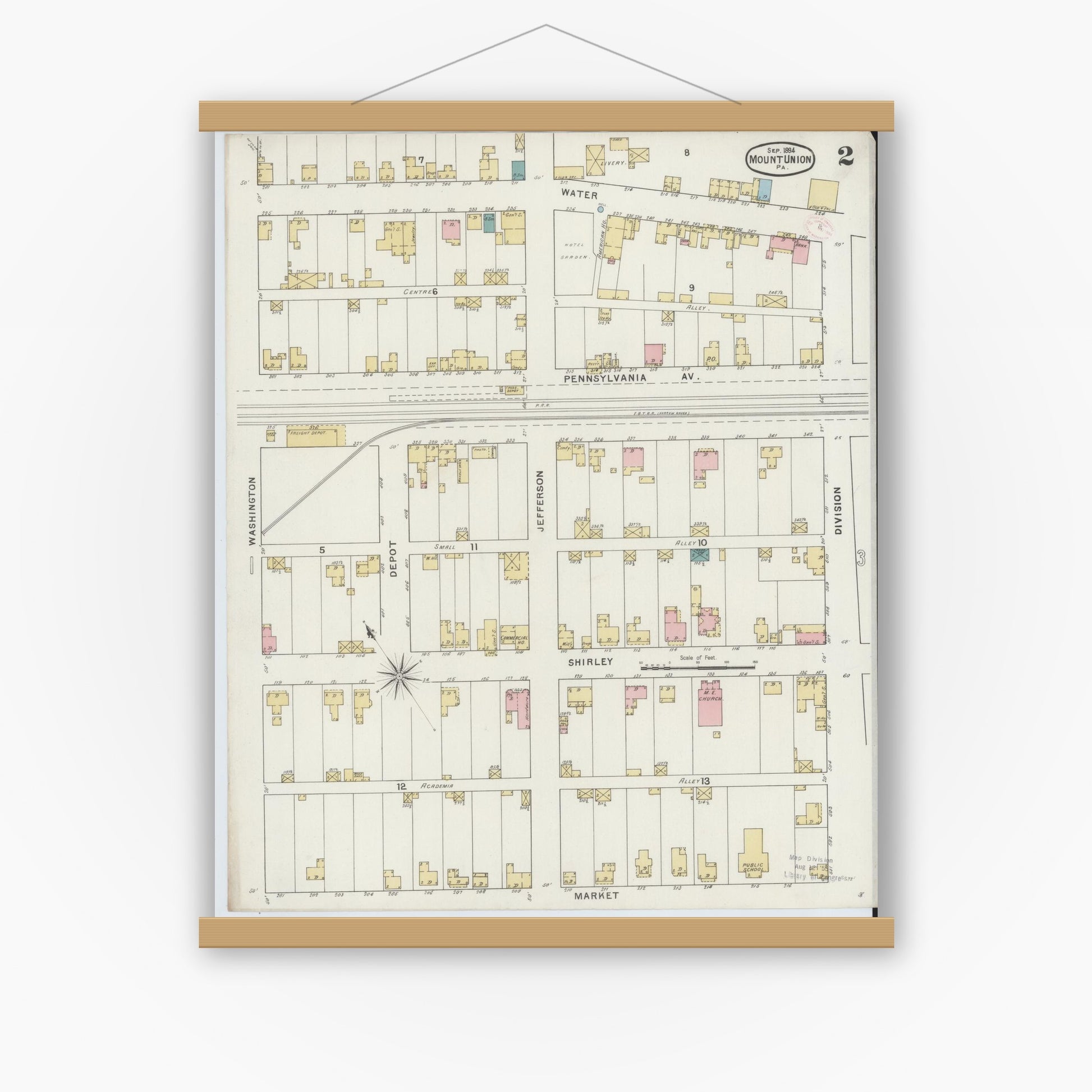 Old map wall art mockup — magnetic wood frame on white wall — Sanborn Fire Insurance Map from Mount Union, Huntingdon County, Pennsylvania (1894), Sheet #0002