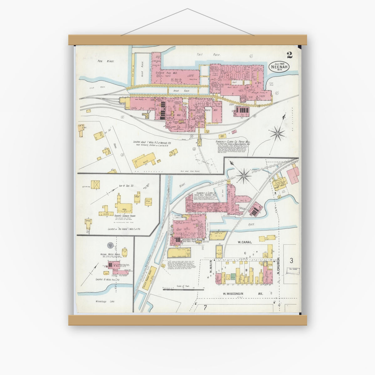 Old map wall art mockup — magnetic wood frame on white wall — Sanborn Fire Insurance Map from Neenah, Winnebago County, Wisconsin (1900), Sheet #0002