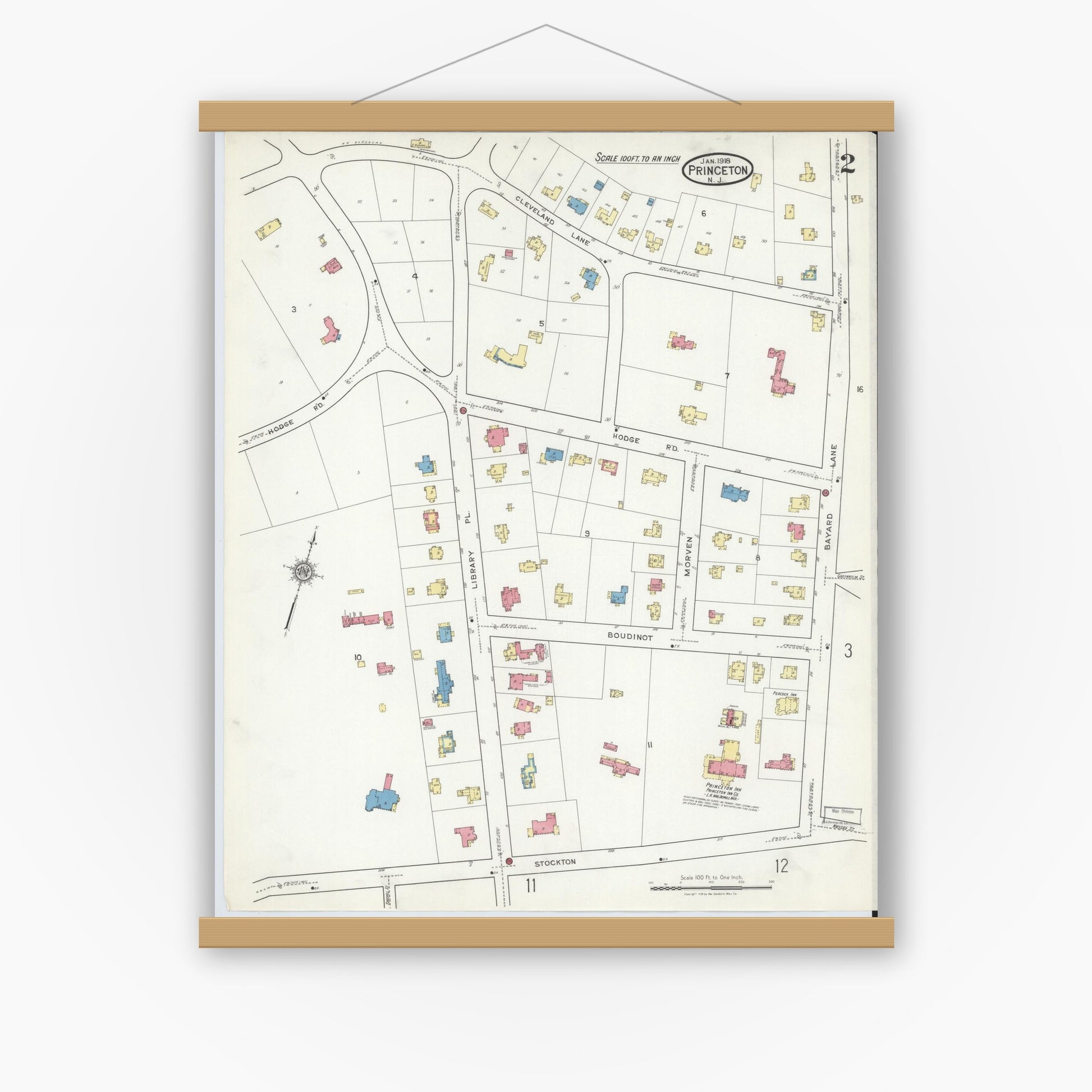 Old map wall art mockup — magnetic wood frame on white wall — Sanborn Fire Insurance Map from Princeton, Mercer County, New Jersey (1918), Sheet #0002