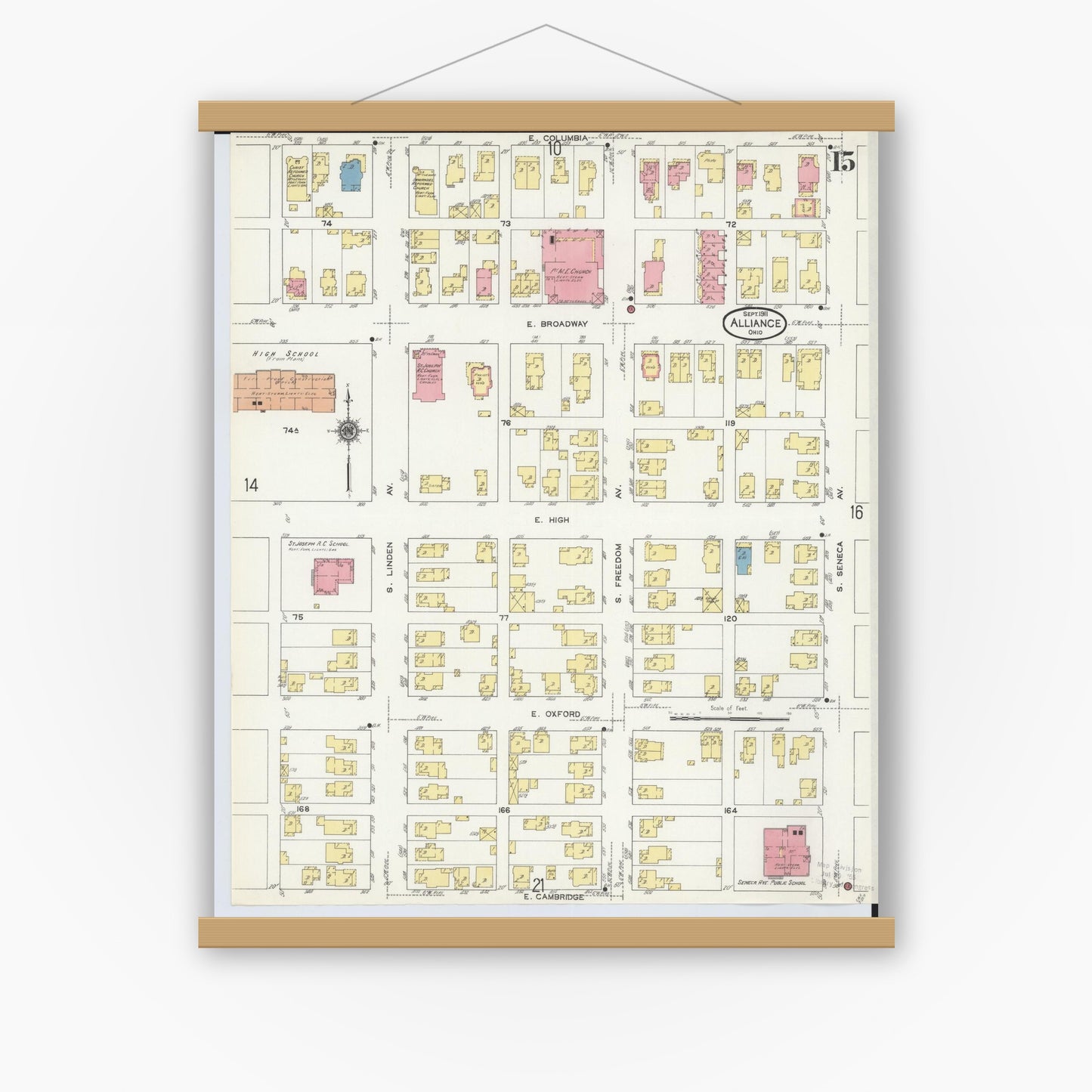 Old map wall art mockup — magnetic wood frame on white wall — Sanborn Fire Insurance Map from Alliance, Stark County, Ohio (1911), Sheet #0015