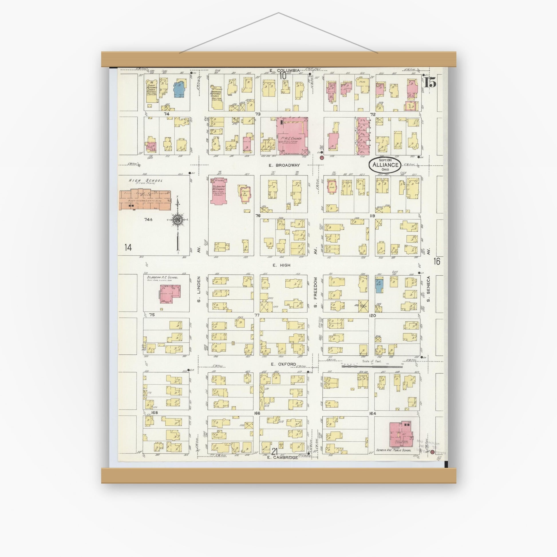 Old map wall art mockup — magnetic wood frame on white wall — Sanborn Fire Insurance Map from Alliance, Stark County, Ohio (1911), Sheet #0015