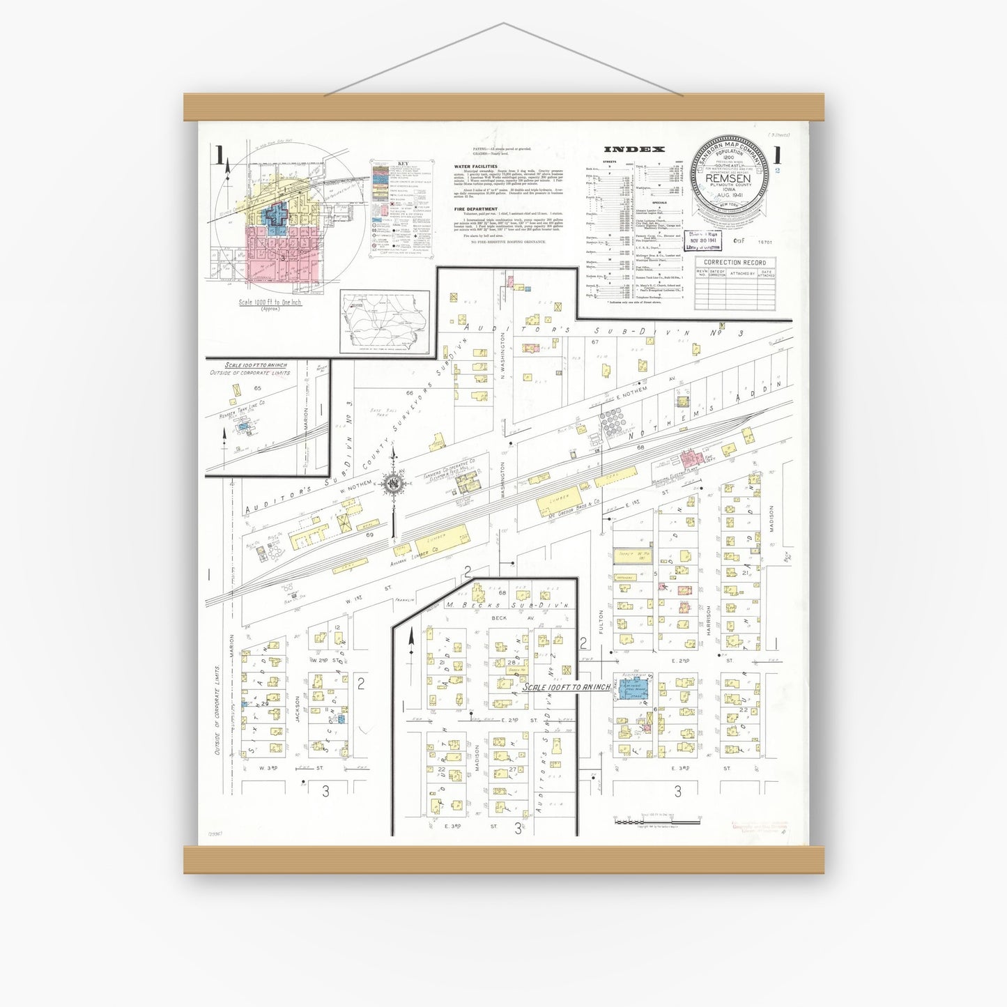 Old map wall art mockup — magnetic wood frame on white wall — Sanborn Fire Insurance Map from Remsen, Plymouth County, Iowa (1941), Sheet #0001