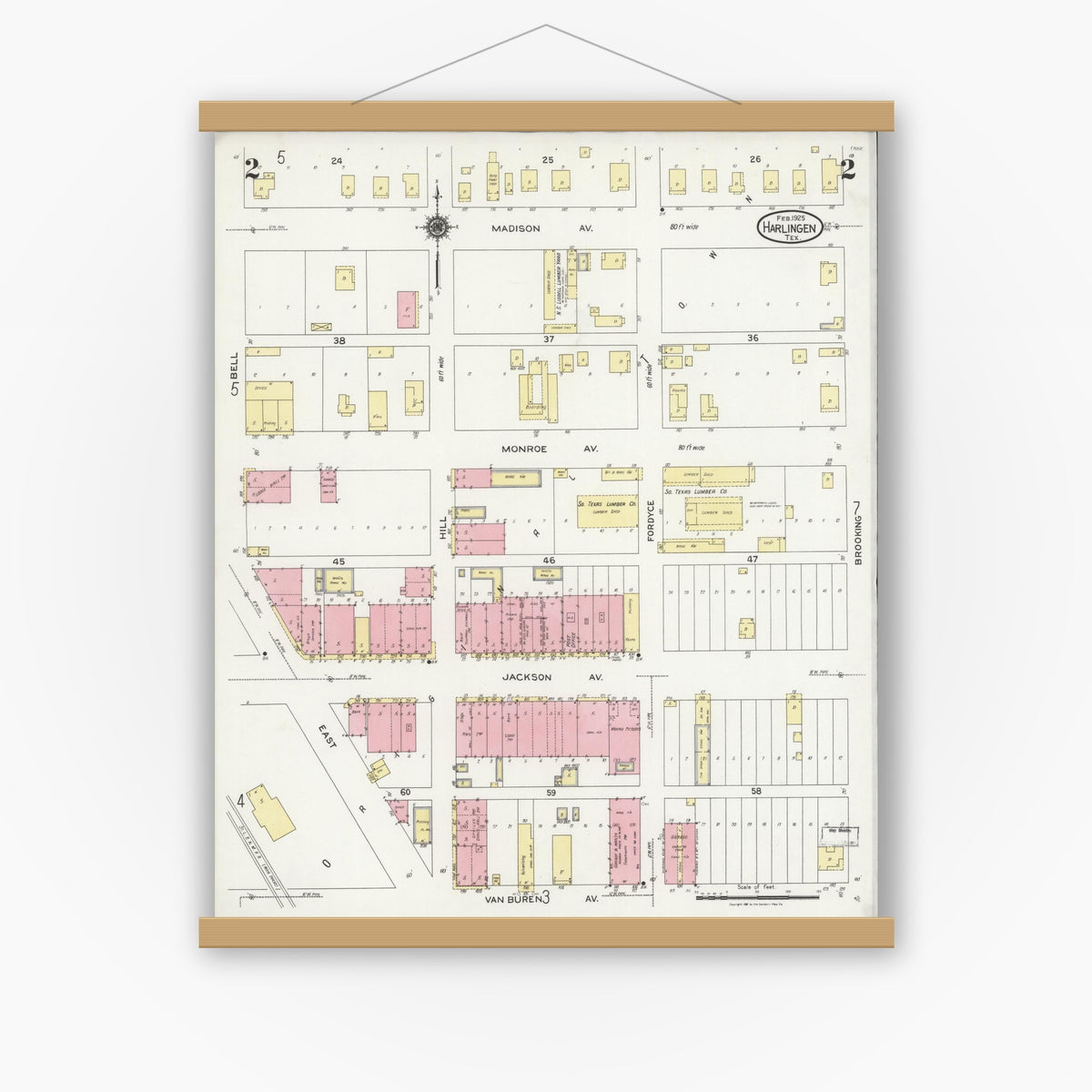 Old map wall art mockup — magnetic wood frame on white wall — Sanborn Fire Insurance Map from Harlingen, Cameron County, Texas (1925), Sheet #0002