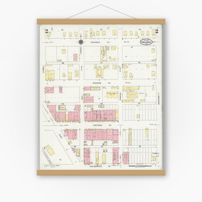 Old map wall art mockup — magnetic wood frame on white wall — Sanborn Fire Insurance Map from Harlingen, Cameron County, Texas (1925), Sheet #0002