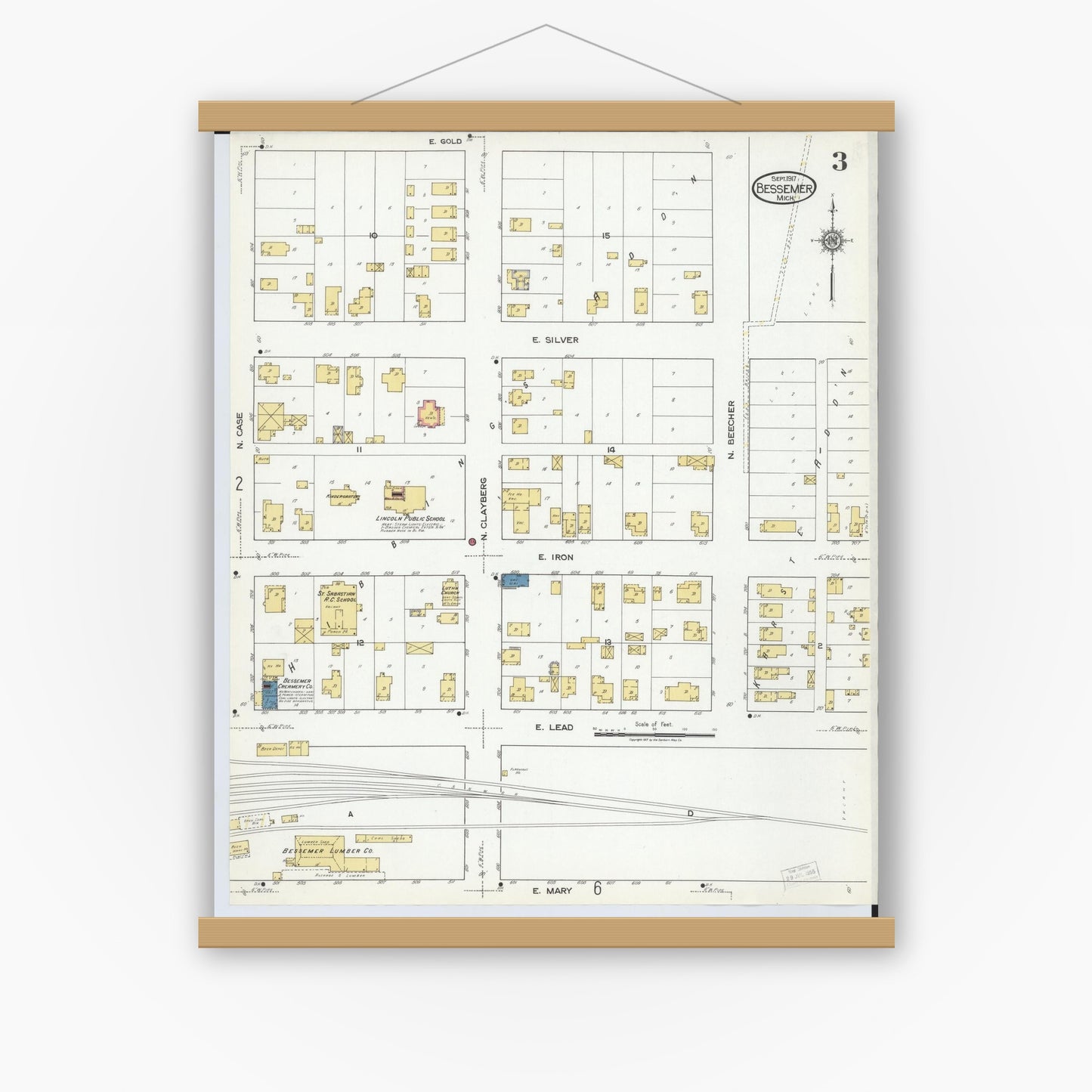 Old map wall art mockup — magnetic wood frame on white wall — Sanborn Fire Insurance Map from Bessemer, Gogebic County, Michigan (1917), Sheet #0003