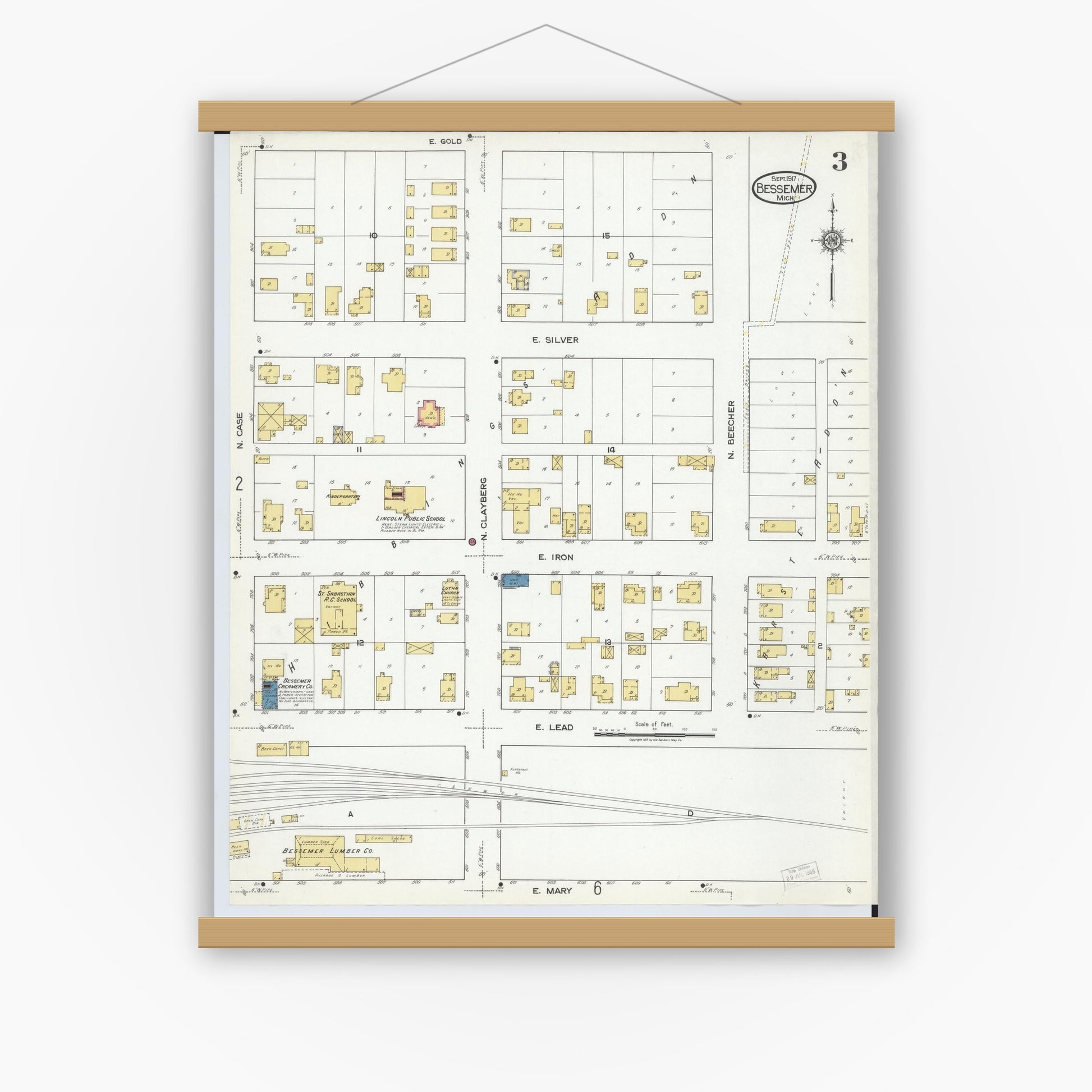 Old map wall art mockup — magnetic wood frame on white wall — Sanborn Fire Insurance Map from Bessemer, Gogebic County, Michigan (1917), Sheet #0003