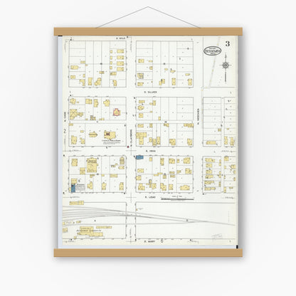 Old map wall art mockup — magnetic wood frame on white wall — Sanborn Fire Insurance Map from Bessemer, Gogebic County, Michigan (1917), Sheet #0003