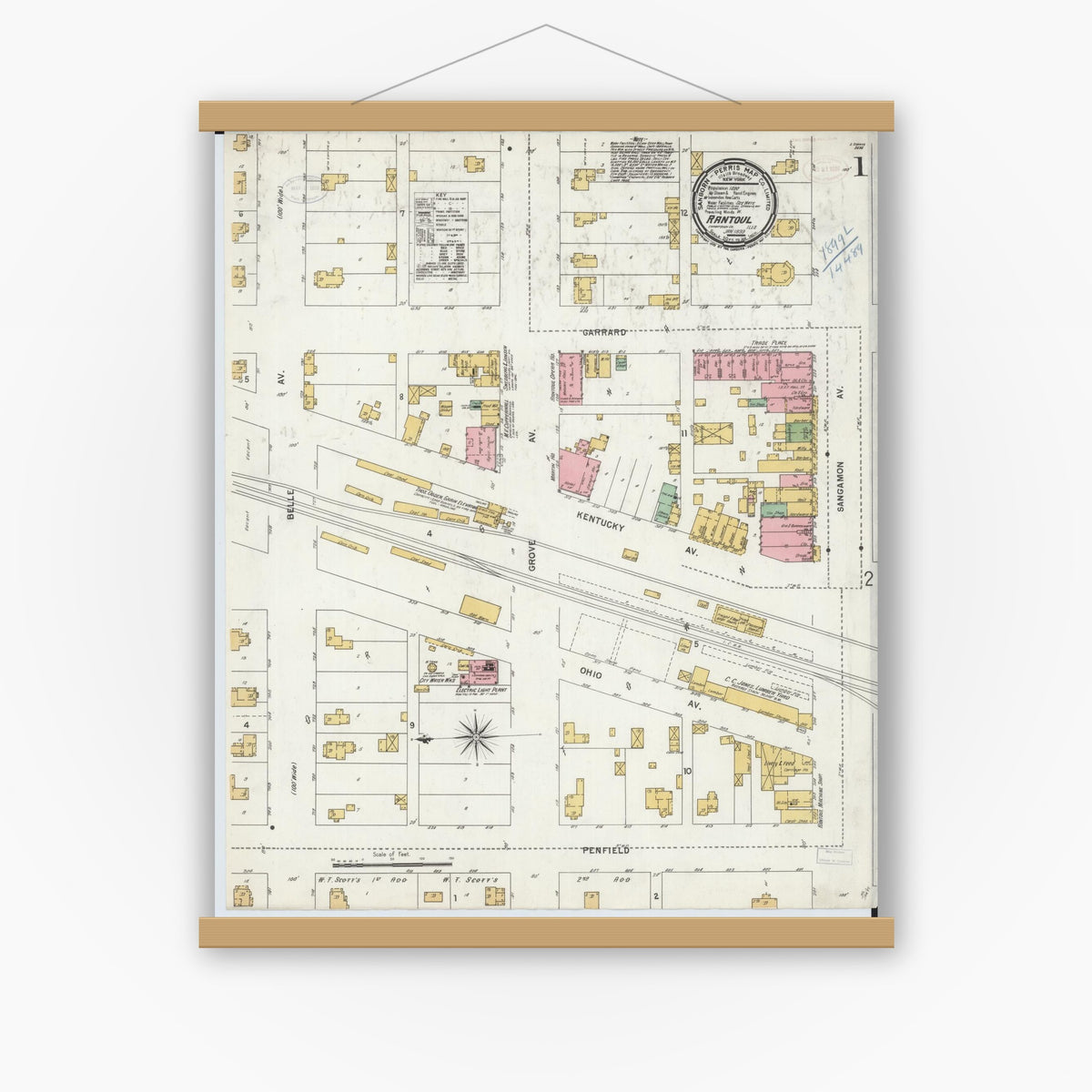 Old map wall art mockup — magnetic wood frame on white wall — Sanborn Fire Insurance Map from Rantoul, Champaign County, Illinois (1899) - Complete Map Set